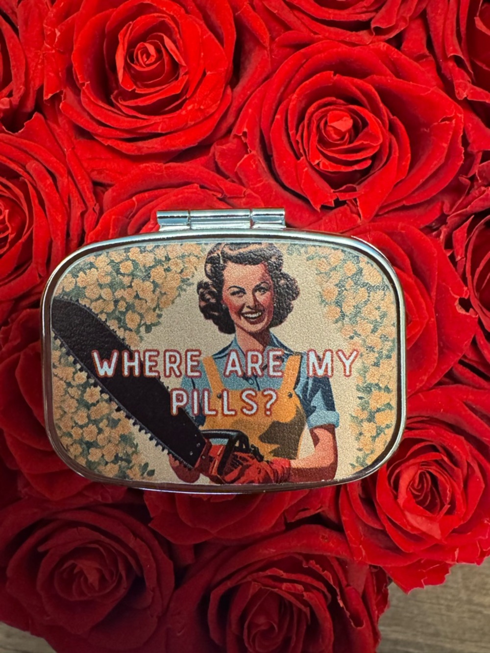 Retro Pill Case | Dark Humor Vintage Style Metal Organizer w/ Mirror - Picture 2 of 7